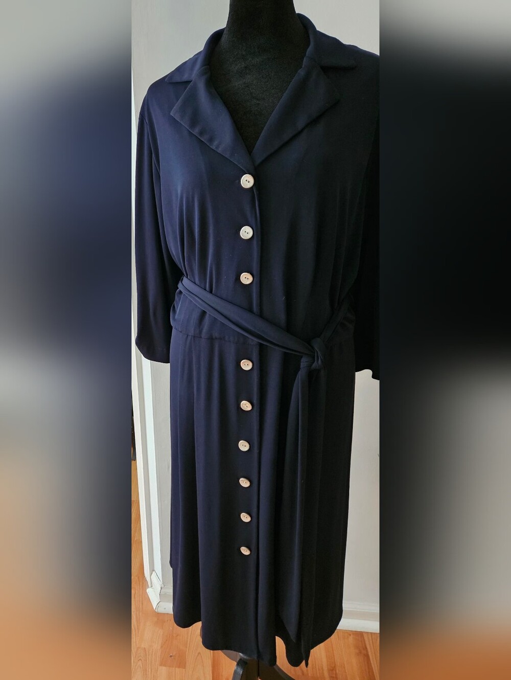 Julian Taylor Navy Button Front Midi Dress 16W Plus Size Belted Roll Tab Sleeve